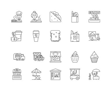 Bistro çizgi simgeleri, işaretler, vektör seti, anahat illüstrasyon kavramı 