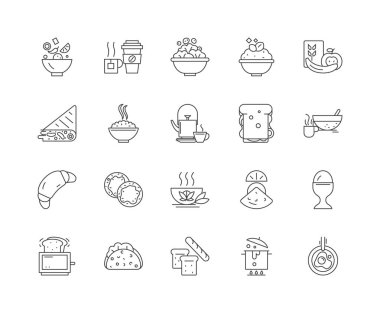 Kahvaltı çizgisi simgeleri, işaretler, vektör seti, anahat illüstrasyon kavramı 