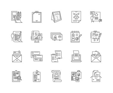 Broşür satır simgeleri, işaretler, vektör seti, anahat illüstrasyon kavramı 