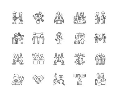 İş koçluğu çizgi simgeleri, işaretler, vektör seti, anahat illüstrasyon kavramı 