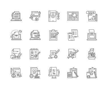İş raporu satır simgeleri, işaretler, vektör seti, anahat çizim kavramı 
