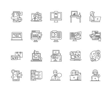 İş desteği ve ağ çizgisi simgeleri, işaretler, vektör seti, anahat illüstrasyon kavramı 