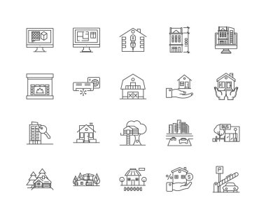 Satın evler satır simgeleri, işaretler, vektör seti, anahat illüstrasyon kavramı 