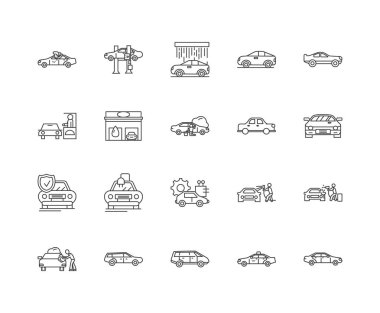 Araba yıkama hattı simgeleri, işaretler, vektör seti, anahat illüstrasyon kavramı 
