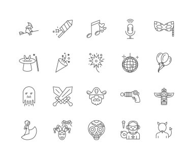 Karnaval çizgisi simgeleri, işaretler, vektör seti, anahat illüstrasyon kavramı 