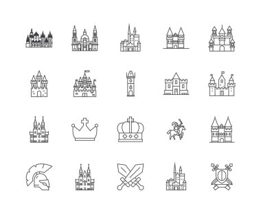 Kaleler çizgi simgeleri, işaretler, vektör seti, anahat illüstrasyon kavramı 