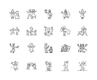 Kutlama insanlar çizgi simgeleri, işaretler, vektör seti, anahat illüstrasyon kavramı 