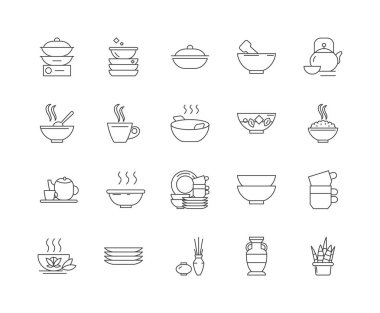 Seramik çizgi simgeleri, işaretler, vektör seti, anahat illüstrasyon kavramı 