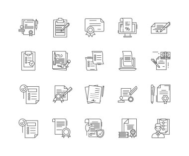 Sertifika hattı simgeleri, işaretler, vektör seti, anahat çizim konsepti 