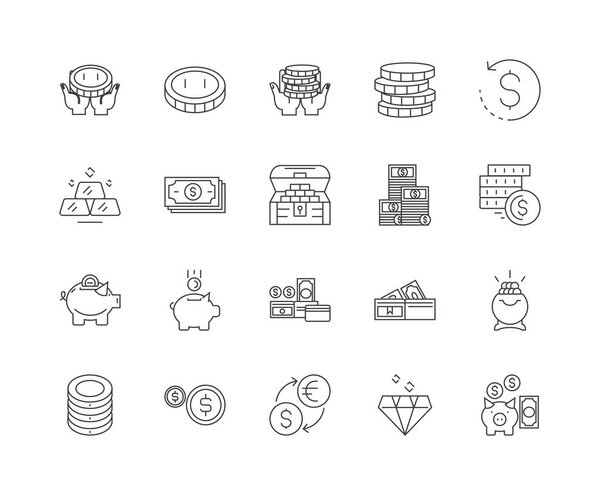 Banknotes and coins line icons, signs, vector set, outline illustration concept 