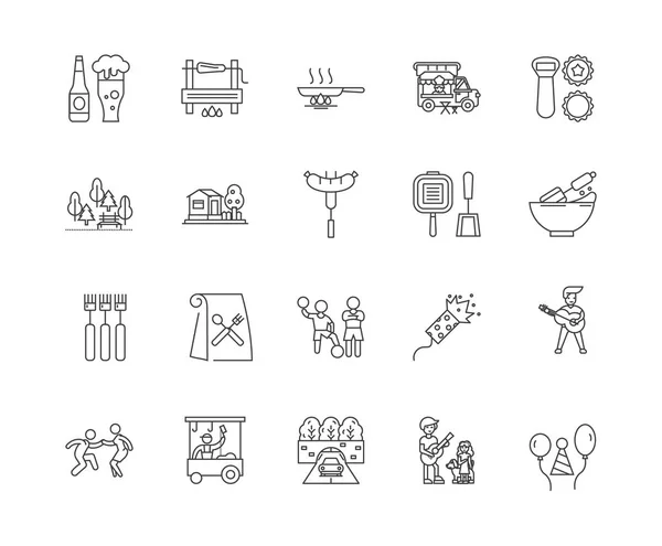 Grillparty Linie Symbole, Zeichen, Vektor-Set, Umriss Illustrationskonzept — Stockvektor