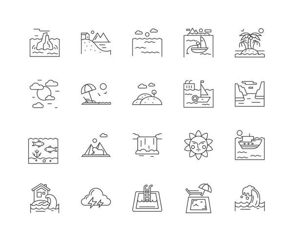 Strand lijn iconen, tekenen, vector set, omtrek illustratie concept — Stockvector