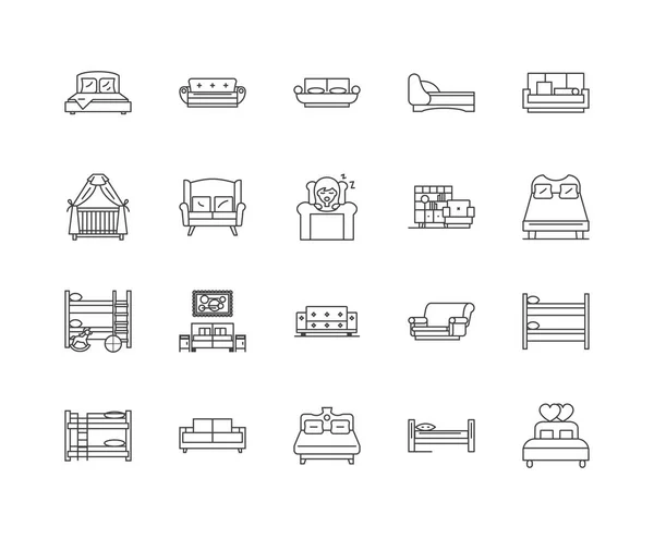 Icone della linea del letto, segni, insieme vettoriale, concetto di illustrazione del contorno — Vettoriale Stock
