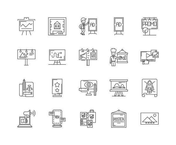 Icone della linea del tabellone per le affissioni, segni, insieme del vettore, concetto di illustrazione del profilo — Vettoriale Stock