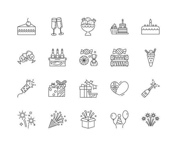 Iconos de línea de cumpleaños, signos, conjunto de vectores, esquema concepto de ilustración — Vector de stock