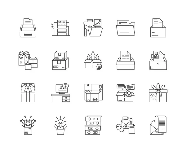 Cajas iconos de línea, signos, conjunto de vectores, esquema concepto de ilustración — Vector de stock