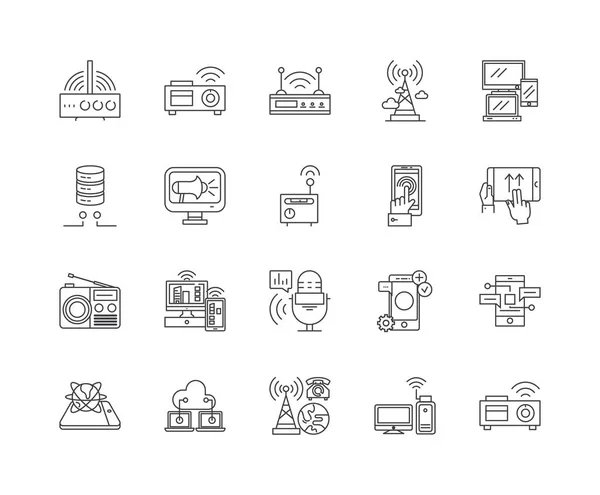 Iconos de línea de difusión, signos, conjunto de vectores, esquema concepto de ilustración — Vector de stock