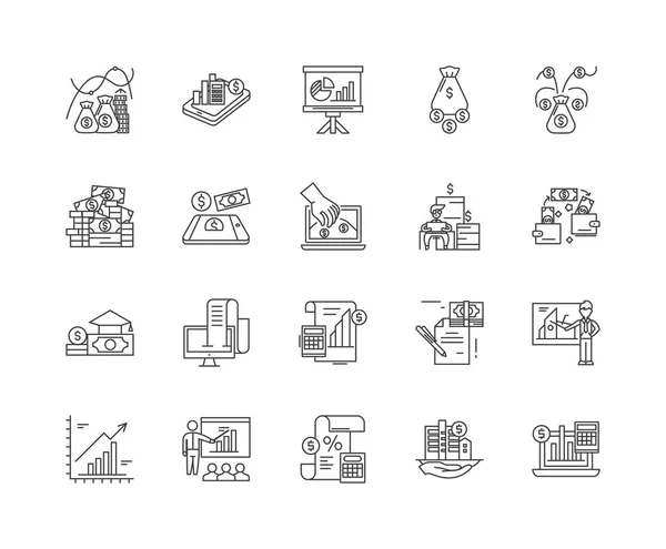 Budjeting linje ikoner, skyltar, Vector set, disposition illustration Concept — Stock vektor