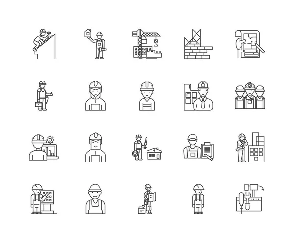 Iconos de línea de contratistas de edificios, signos lineales, conjunto de vectores, ilustración de concepto de esquema — Vector de stock