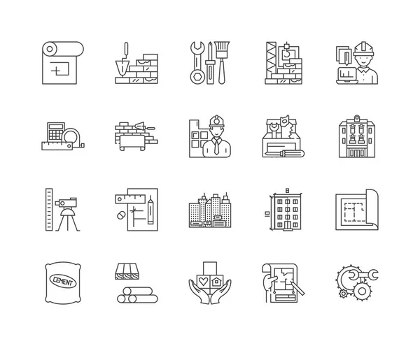 Iconos de línea de proyectos de construcción, signos lineales, conjunto de vectores, ilustración de concepto de esquema — Archivo Imágenes Vectoriales