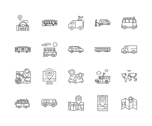 Icone della linea degli autobus, segni lineari, set vettoriale, illustrazione del concetto di contorno — Vettoriale Stock