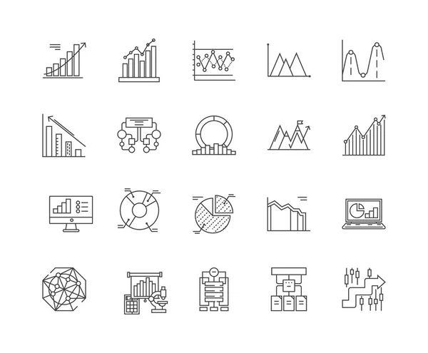 Gráficos de negócios ícones de linha, sinais, conjunto de vetores, conceito de ilustração de contorno —  Vetores de Stock