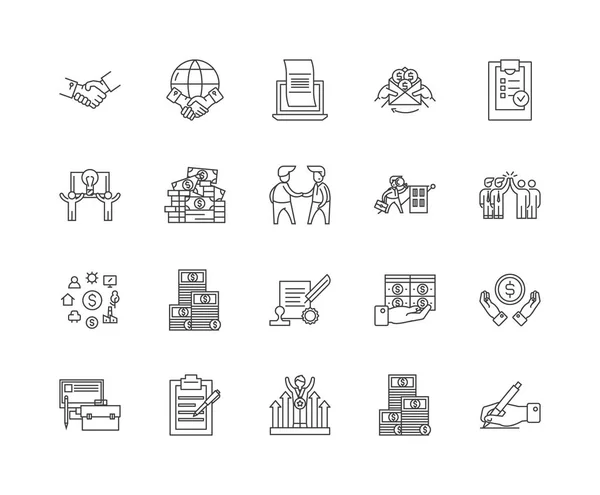 Iconos de línea de contrato de negocios, signos, conjunto de vectores, esquema concepto de ilustración — Vector de stock