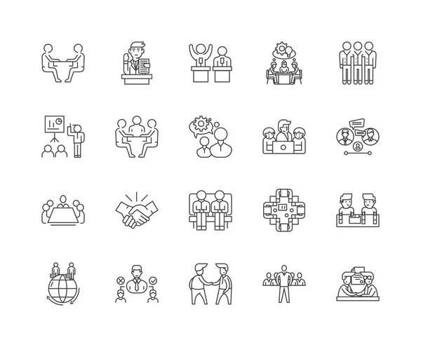 Iconos de línea de reunión de negocios, signos, conjunto de vectores, esquema concepto de ilustración — Archivo Imágenes Vectoriales