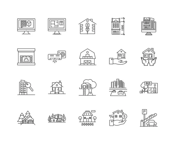Comprar casas línea iconos, signos, vector conjunto, esquema concepto de ilustración — Archivo Imágenes Vectoriales