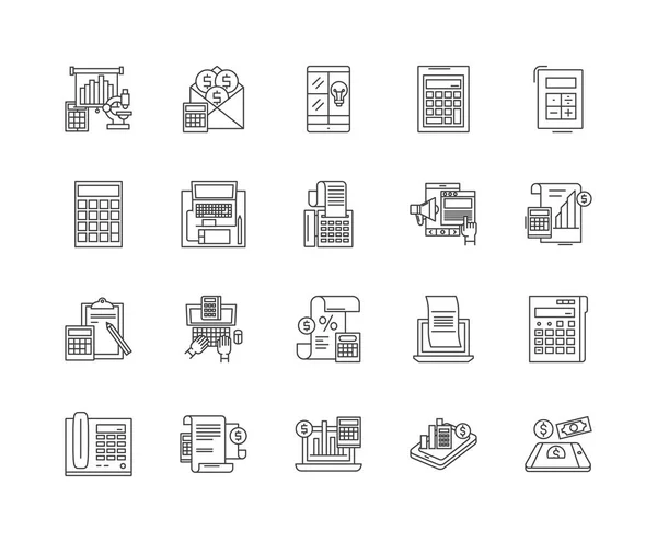 Taschenrechner Liniensymbole, Zeichen, Vektorsatz, Umrisse Illustrationskonzept — Stockvektor