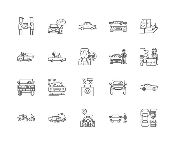 Iconos de línea de reventa de coches, signos, conjunto de vectores, esquema concepto de ilustración — Vector de stock