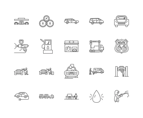 Symbole für Autowaschstraßen, Schilder, Vektorset, Umrisse des Illustrationskonzepts — Stockvektor