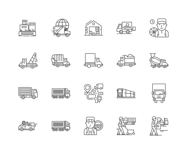 Iconos de línea logística de carga, signos, conjunto de vectores, esquema concepto de ilustración — Vector de stock