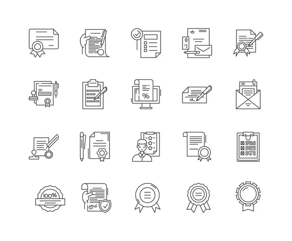 Certificados iconos de línea, signos, conjunto de vectores, esquema concepto de ilustración — Vector de stock