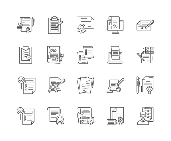 Iconos de línea de certificación, signos, conjunto de vectores, esquema concepto de ilustración — Archivo Imágenes Vectoriales