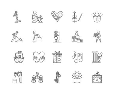 Charities satır simgeleri, işaretler, vektör seti, anahat illüstrasyon kavramı 