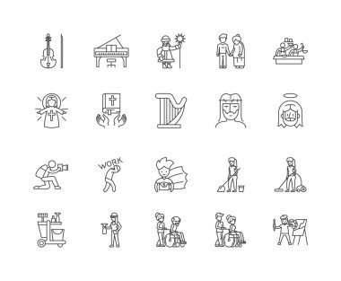 Sadaka satır simgeleri, işaretler, vektör seti, anahat illüstrasyon kavramı 