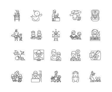Çocuk bakım hizmeti satır simgeleri, işaretler, vektör seti, anahat illüstrasyon kavramı 