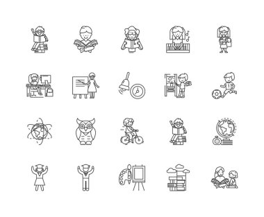 Çocuk gelişimi merkezi çizgi simgeleri, işaretler, vektör seti, anahat illüstrasyon kavramı 