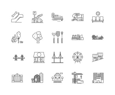 Şehir çizgisi simgeleri, işaretler, vektör seti, anahat çizim konsepti 