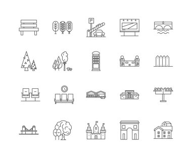 Şehir yaşam çizgisi simgeleri, işaretler, vektör seti, anahat illüstrasyon kavramı 