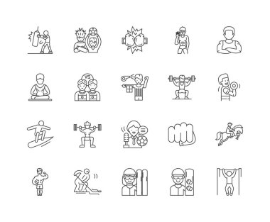 Koç ve eğitmen çizgi simgeleri, işaretler, vektör seti, anahat illüstrasyon kavramı 