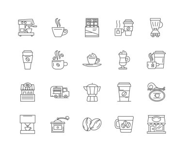 Kahve dükkanları çizgi simgeleri, işaretler, vektör seti, anahat illüstrasyon kavramı 