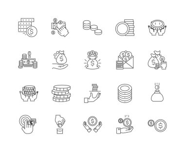 Sikke çizgi simgeleri, işaretler, vektör seti, anahat illüstrasyon kavramı 