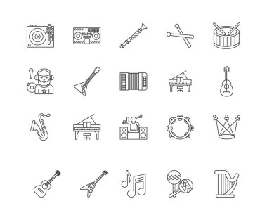 Konser çizgisi simgeleri, işaretler, vektör seti, anahat illüstrasyon kavramı 