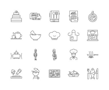 Pişirme sınıfı çizgi simgeleri, işaretler, vektör seti, anahat illüstrasyon kavramı 