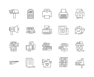 Yazışma çizgisi simgeleri, işaretler, vektör seti, anahat çizim kavramı 