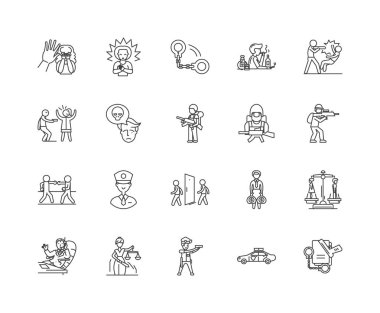 Suç çizgisi simgeleri, işaretler, vektör seti, anahat illüstrasyon kavramı 