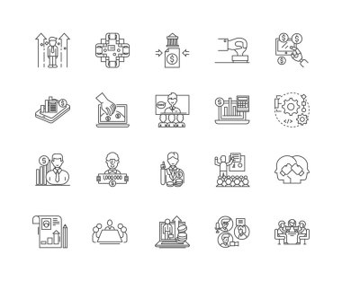 Kriz yönetimi çizgi simgeleri, işaretler, vektör seti, anahat illüstrasyon kavramı 