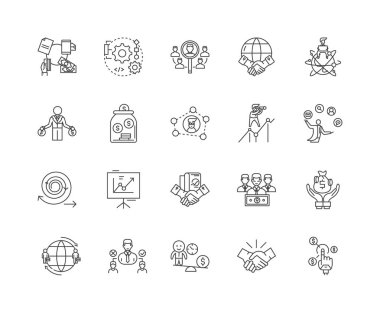 Crm çizgi simgeleri, işaretler, vektör seti, anahat çizim kavramı 